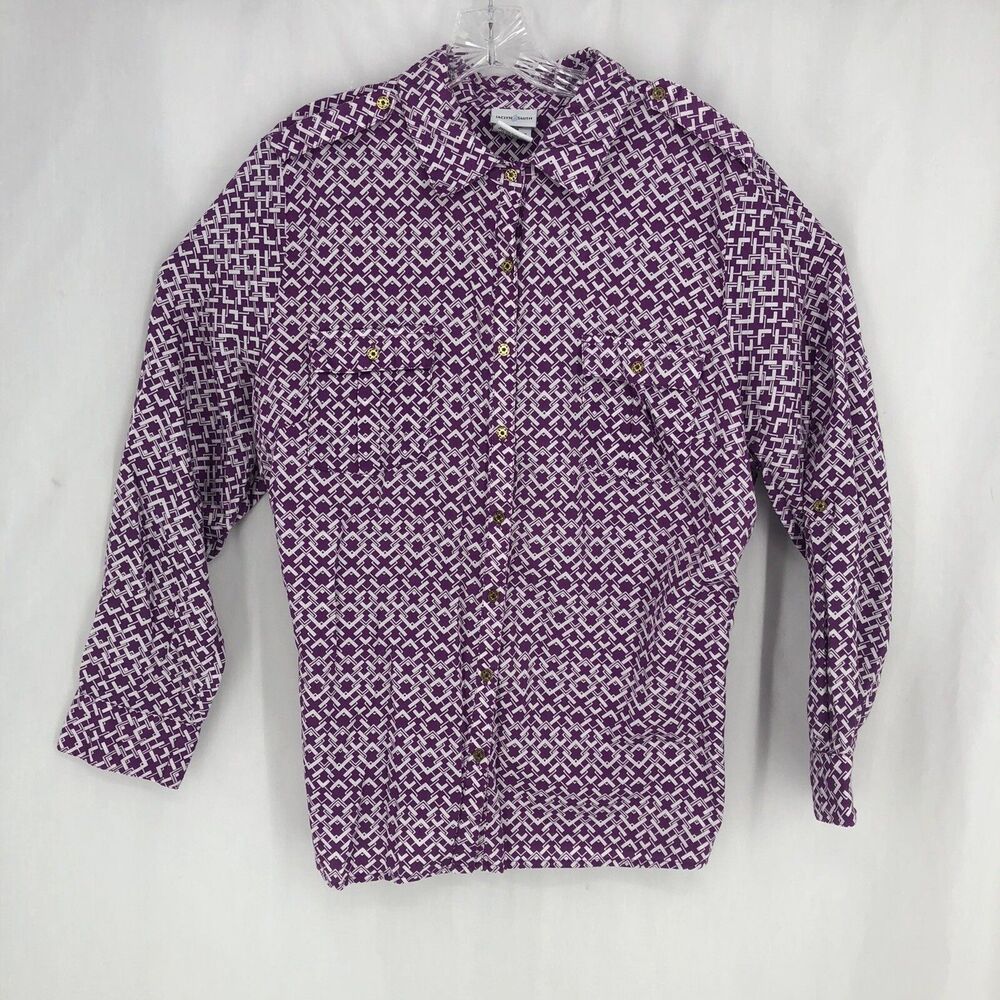 Jaclyn Smith Womens Shirt XXL Purple & White Roll Tab Blouse Gold Button Front